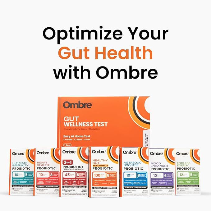 Ombre Gut Health Test Kit - Probiotic Recommender at Home Test for Women & Men - Detailed Custom Gut Microbiome Analysis for Digestive, Immune and Mental Health with Food Suggestions