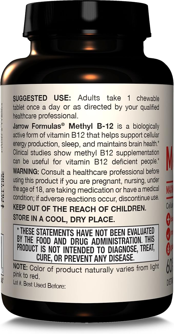 Jarrow Formulas Maximum Strength Methyl B-12 5000 mcg, Dietary Supplement for Cellular Energy Production and Brain Health Support, 60 Cherry-Flavored Chewable Tablets, 60 Day Supply, Pack of 12