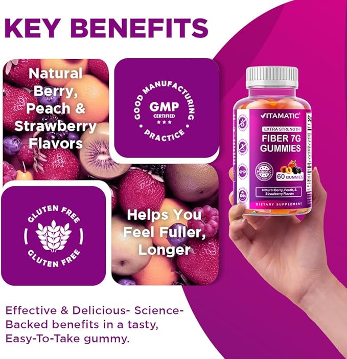 Vitamatic Prebiotic Fiber Gummies for Adults – 2 Pack (Total 120 Gummies) 7g Fiber per Serving | Extra Strength | Zero Sugar Added | Pectin-Based | Digestive Health & Regularity Support