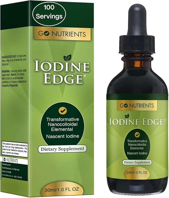 Go Nutrients Iodine Edge – Organic Nascent Iodine Liquid Supplement for Thyroid Support, Energy, Immune & Cognitive Health – High Absorption Drops - Natural Tincture for Women & Men – 1 oz