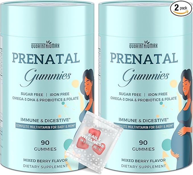 Prenatal Gummies Sugar Free 180 Count - Organics Prenatal Vitamins for Women with Folate, DHA & Probiotics - Iron Free Prenatal Vitamin Gummies for Immune & Digestive - 2 Bottles
