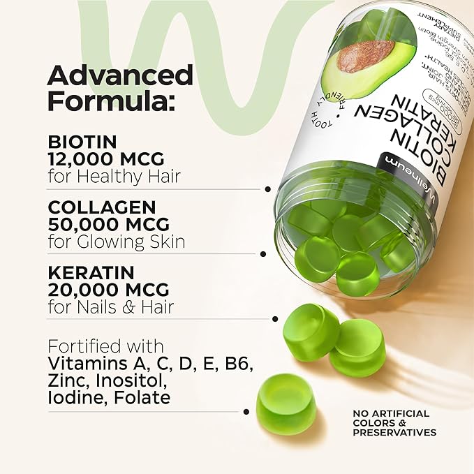 Biotin and Collagen Peptide Gummies for Hair Growth, Skin and Nails - 82000 Mcg per Serving - Biotin Chewables with Keratin Max Strength - Beauty Gummies for Women and Men - Sugar Free, Non-GMO
