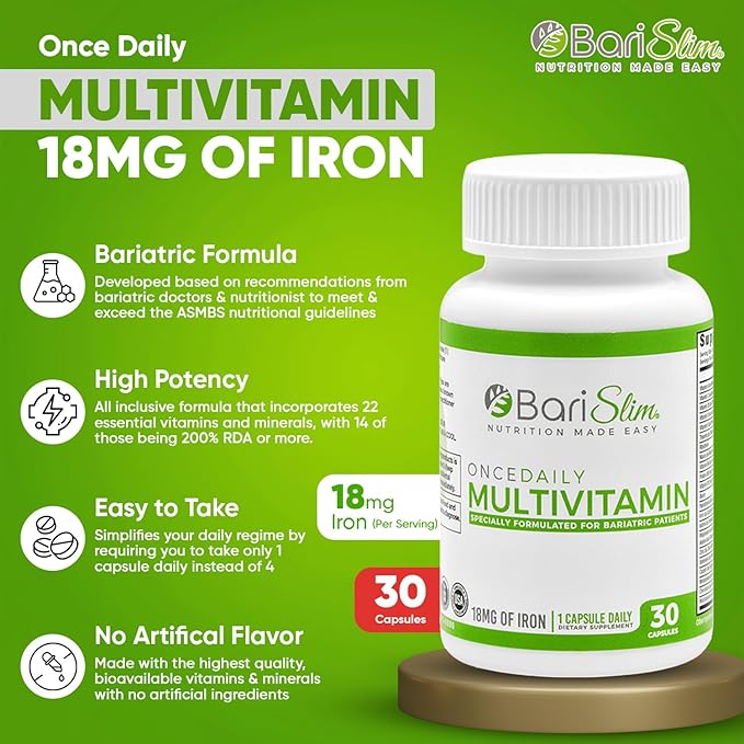 BariSlim Once Daily Bariatric Multivitamin Capsule - 18mg of Iron - Bariatric Vitamin & Supplement for Post Surgery Including Gastric Bypass & Gastric Sleeve | 30 Day Supply