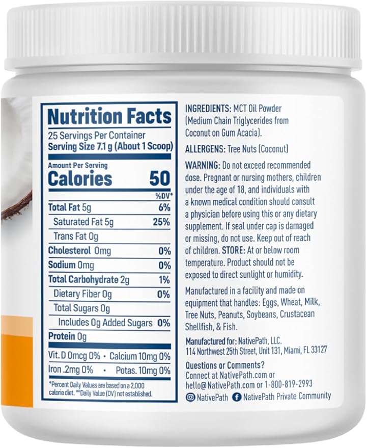 NativePath MCT Oil Powder Supplement - Unflavored MCT Powder with Keto-Friendly C8 MCTs. Free of Dairy, Gluten and GMOs, 25 Servings