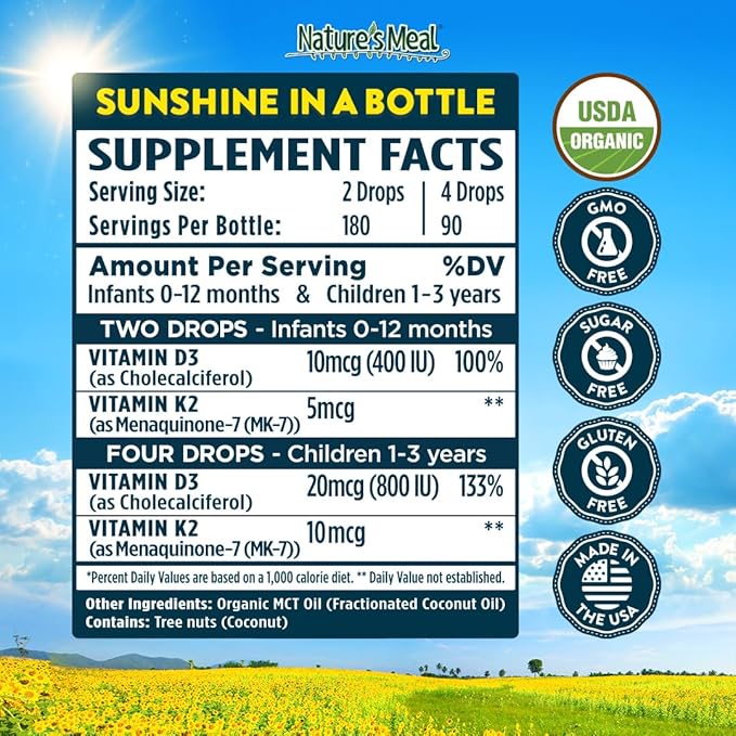 Nature's Meal Vitamin D3 + K2 Drops MK-7 5 mcg, Liquid Vitamin D Drops for Infants 400 IU, Healthy Bones, Heart & Immune System, Sugar Free Supplement for Infants/Baby & Toddlers, 180 Servings
