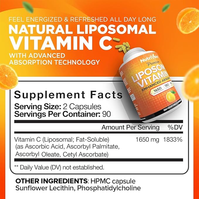 Nutrivein Premium Liposomal Vitamin C Supplement 1650mg - 180 Caps: High-Absorption Vitamin C Capsules for Whole-Body Defenses & Overall Well-Being