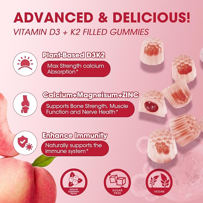 Vitamin D3 10000 IU + K2 (MK-7) 200mcg w/Calcium Magnesium Zinc Elderberry & Inulin-Highly Bioavailable-Enhanced Absorption for Immune & Bone Support- K2 D3 Vitamin Supplement-Vegan Gummies