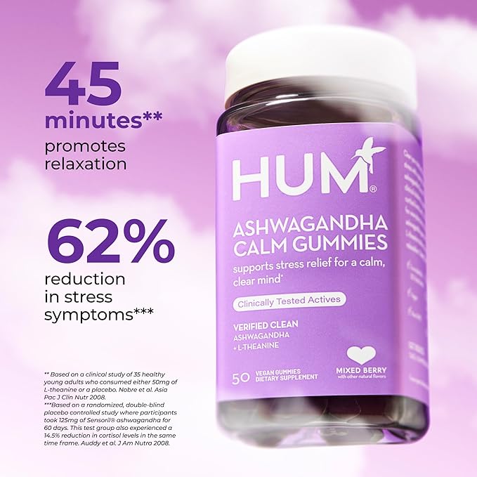 HUM Ashwagandha Calm- L-Theanine & Ashwagandha for Daily Relaxation & Mood Support - Mixed Berry Flavor (60-Count)