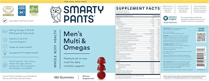 SmartyPants Multivitamin for Men, Gummies: Omega 3 Fish Oil (EPA/DHA), Methylfolate, CoQ10, Vitamin D3, C, Vitamin B12, B6, A, K & Zinc for Immune Support, Biotin, 180 Gummies (30 Day Supply)