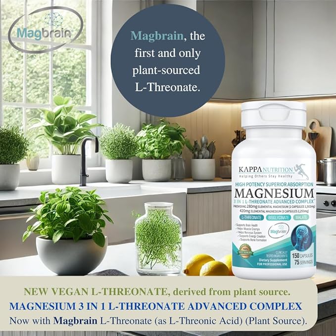 Kappa Nutrition Magbrain™ Magnesium L-Threonate Plant-Based, 420mg Elemental Magnesium (3 Capsules) from 2,253mg, 150 Vegan Capsules, Brain, Sleep & Muscle Support.