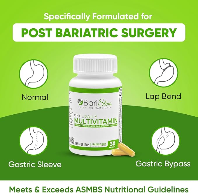 BariSlim Once Daily Bariatric Multivitamin Capsule - 18mg of Iron - Bariatric Vitamin & Supplement for Post Surgery Including Gastric Bypass & Gastric Sleeve | 30 Day Supply