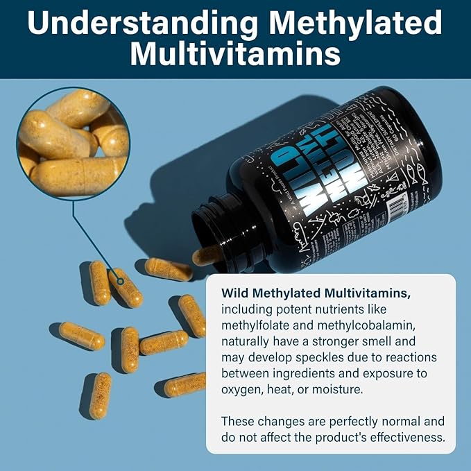Wild Methylated Multivitamin for Women & Men | Daily Multi Vitamin | MTHFR Supplement Without Iron | Methylated B12, Folate, Vitamin C, A, K2, D, E, Choline, Biotin, ALA, CoQ10 & More (Pack of Two)