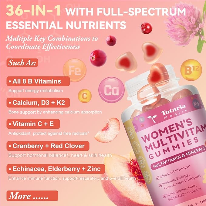Sugar Free Multivitamin Gummies for Women 14+ w/Iron, Inositol, Folate, Biotin, Womens Daily Multivitamin Gummy w/Vitamin A, C, B, D3, K2, for Hair, Skin, Energy, Immune, Peach Flavor