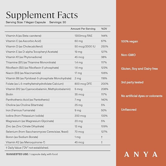 ANYA Postpartum Multivitamin, Postnatal Vitamin for Women Breastfeeding, 30 Capsules - Vitamins A, C, D3, Zinc, B12, Biotin, Folate and Iron - 100% Vegan, Non-GMO, Gluten Free, Baby Shower Gifts