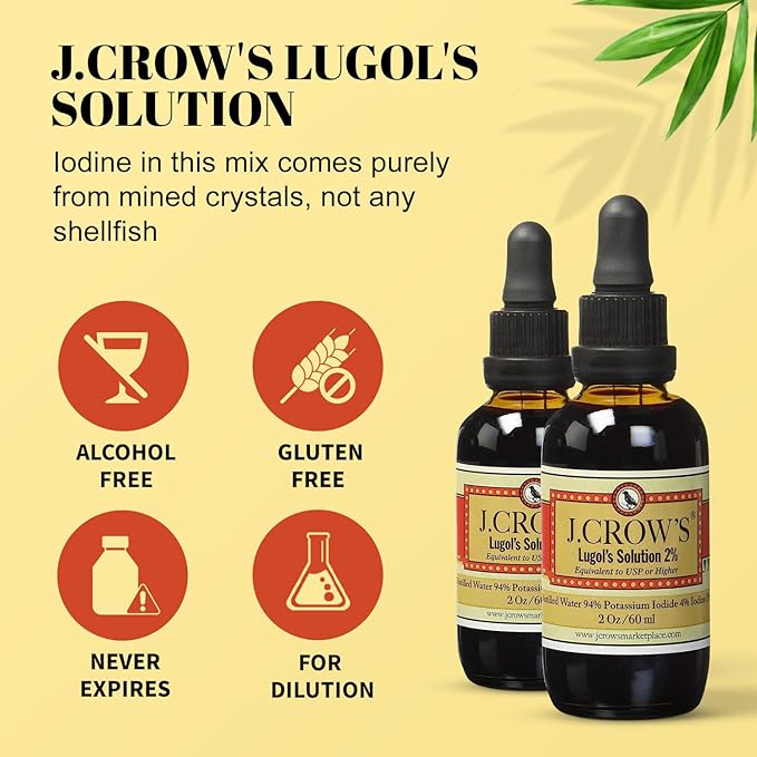 J.CROW'S® Lugol's Solution of Iodine 2% 2 oz (3 Bottles) – Premium Potassium Iodide Liquid, Supports Thyroid & Energy, Gluten &, Alcohol-Free Natural Brine Extract, No Expiration