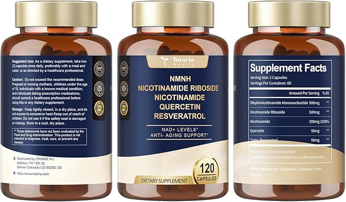 NMNH (Dihydronicotinamide Mononucleotide), NMN Alternative Supplement w/Niacinamide (Vitamin B3), Quercetin, Trans-Resveratrol, Support NAD+, Skin Cell Health*, Anti-Aging & Energy, 120 Caps