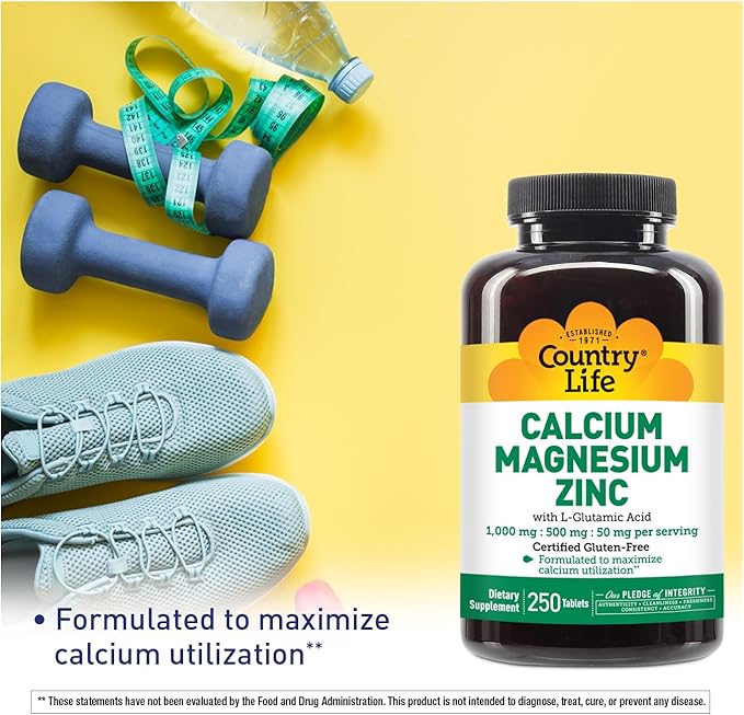 Country Life Calcium Magnesium Zinc with L-Glutamic Acid, Dietary Supplement for Bone Support, Certified Gluten Free, 1000mg/500mg/50mg, 250 Tablets