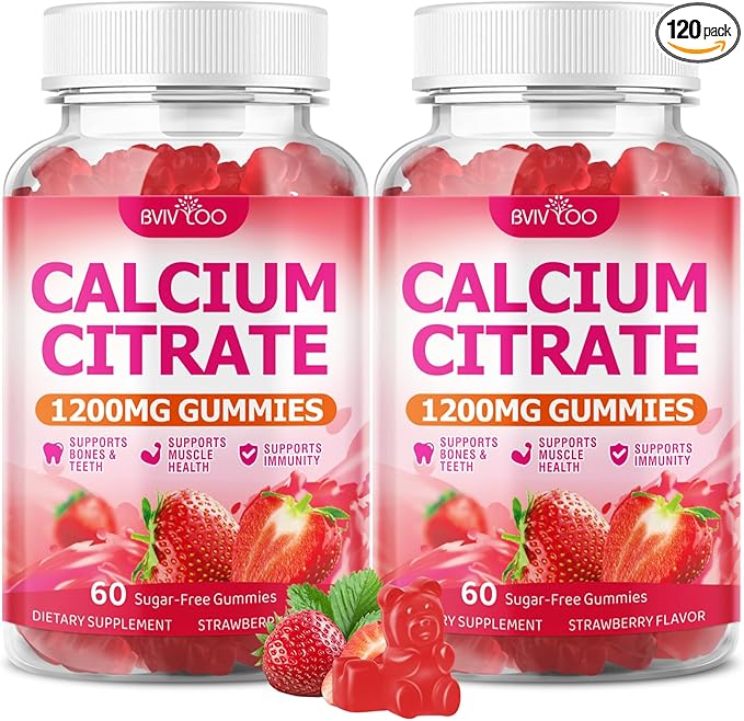 2 Packs High Absorption Calcium Citrate Gummies 1200mg - Bone & Teeth Support for Adults & Kids, Vegan Sugar-Free Gummies, Strawberry Flavor, 120 Count