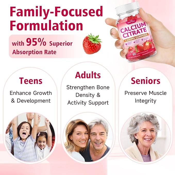 High Absorption Calcium Citrate Gummies 1200mg - Bone & Teeth Support for Adults & Kids, Vegan Sugar-Free Gummies, Strawberry Flavor, 60 Count