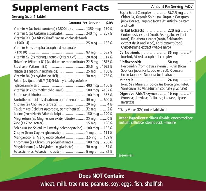 One n Only Whole Food Multivitamin by Pure Essence - Super Energetic Once a Day with Superfoods, Minerals, Enzymes, Vitamin D, D3, B12, Biotin - 90 Tablets