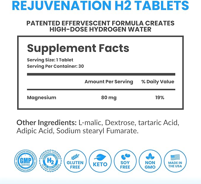 DRINK HRW Rejuvenation Molecular Hydrogen Water Tablets: 12 ppm H2 - Hydrogen & Magnesium Supplement, Supports Energy Production, Recovery, Cognitive Function (Unflavored 30ct)