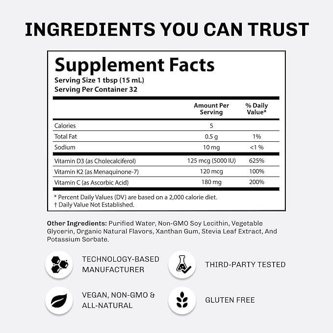 Aurora Nutrascience Mega-Liposomal Vitamin D3/K2+ with Vitamin C for Cognitive Health, Organic, Gluten Free, Non GMO, Strawberry Flavor, 32 Servings 16 fl oz