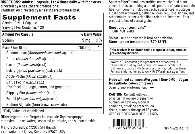 Klaire Labs SFI Health Spectrafiber - Hypoallergenic 9 Soluble Fiber Blend with Apple Pectin & Glucomannan, No Psyllium & Gluten-Free (120 Capsules)
