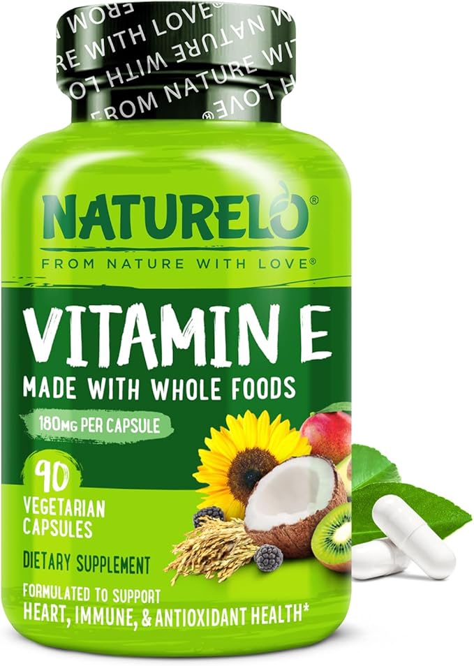 NATURELO Vitamin E - 180 mg (300 IU) of Natural Mixed Tocopherols from Organic Whole Foods - Supplement for Healthy Skin, Hair, Nails, Immune & Eye Health - Non-GMO, Soy Free - 90 Vegan Capsules