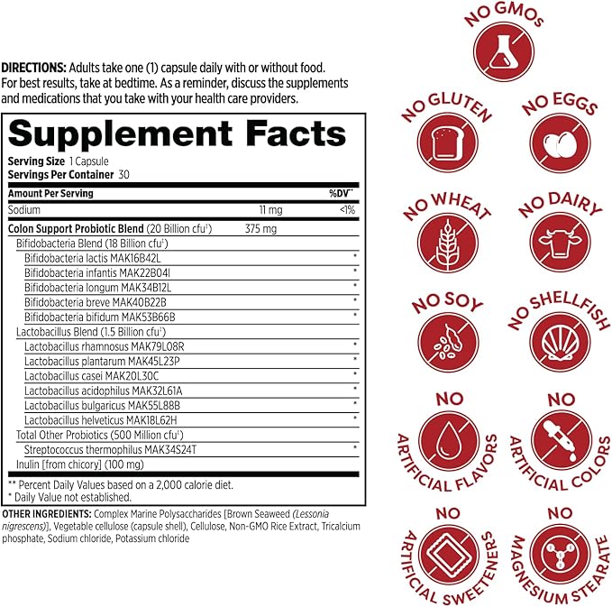 Probulin Colon Support Daily Probiotic + Prebiotic + Support Gut Health, Occasional Gas and Bloating - 20 Billion CFU - 12 Strains, 30 Vegan Capsules