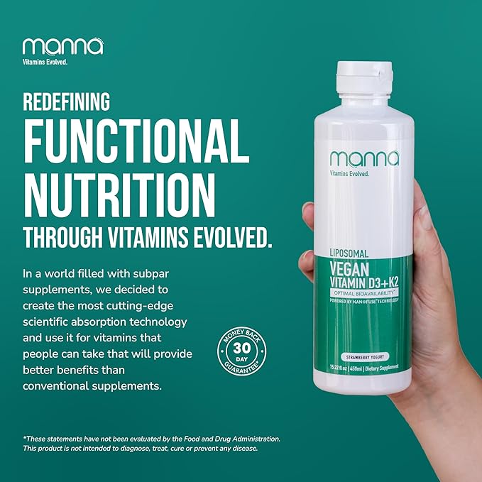 Manna Vitamins Evolved Liposomal Vegan K2 D3 Vitamin Supplement - Immune Support Supplement - Vitamin K2 - Heart Health Supplements - Vegan D3 - Vitamin D3 K2 - Liquid Vitamin D3 with K2