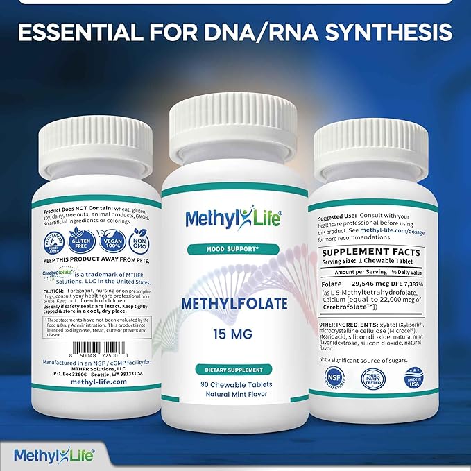 L-Methylfolate 15mg – L Methyl folate Supplement for Women & Men, Premium Cerebrofolate Formula (5-MTHF) – High Bioavailability Active Folate | 90 chewable Tablets 3 Months Supply Non-GMO, Gluten-Free