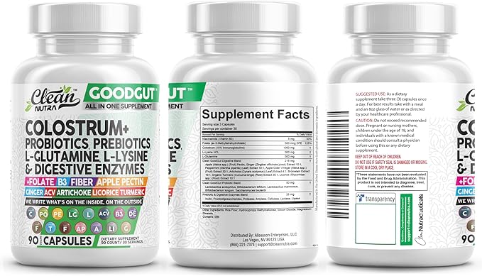 Clean Nutraceuticals Colostrum Supplement Capsules Probiotics Pills Prebiotics, L-Glutamine, Digestive Enzymes, Folate, Fiber, ACV, Turmeric, Apple Pectin and Turmeric Good Gut