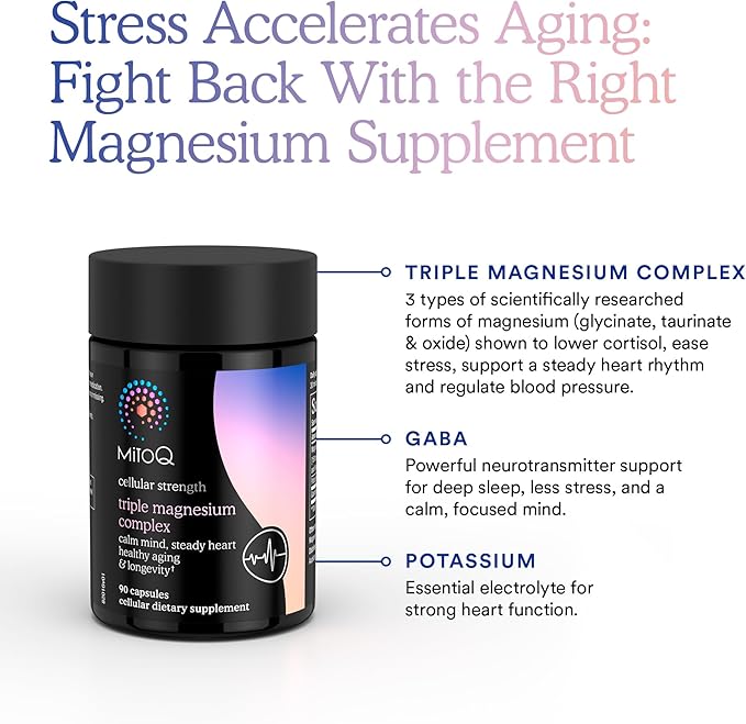 MitoQ Triple Magnesium Complex | Magnesium Glycinate, Taurinate, Oxide with GABA for Heart Health, Stress Management, & Deeper Sleep | High Absorption | 90 Capsules