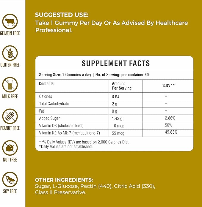 Vitamin D3 + K2 Gummies β Bone & Heart Support β with 10 mcg D3 (Cholecalciferol) & 55 mcg MK-7 K2 β Vegan, Gluten-Free, Gelatin-Free β Orange Flavor β Non-GMO β 60 Gummies β Allergen-Free