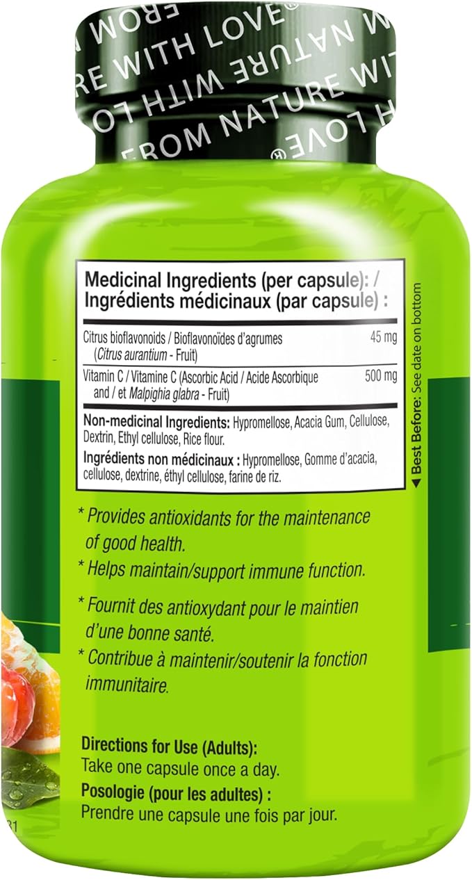 NATURELO Vitamin C with Organic Acerola Cherry Extract and Citrus Bioflavonoids - Vegan Supplement - Immune Support - 500 mg VIT C per Cap - Non-GMO - 90 Capsules