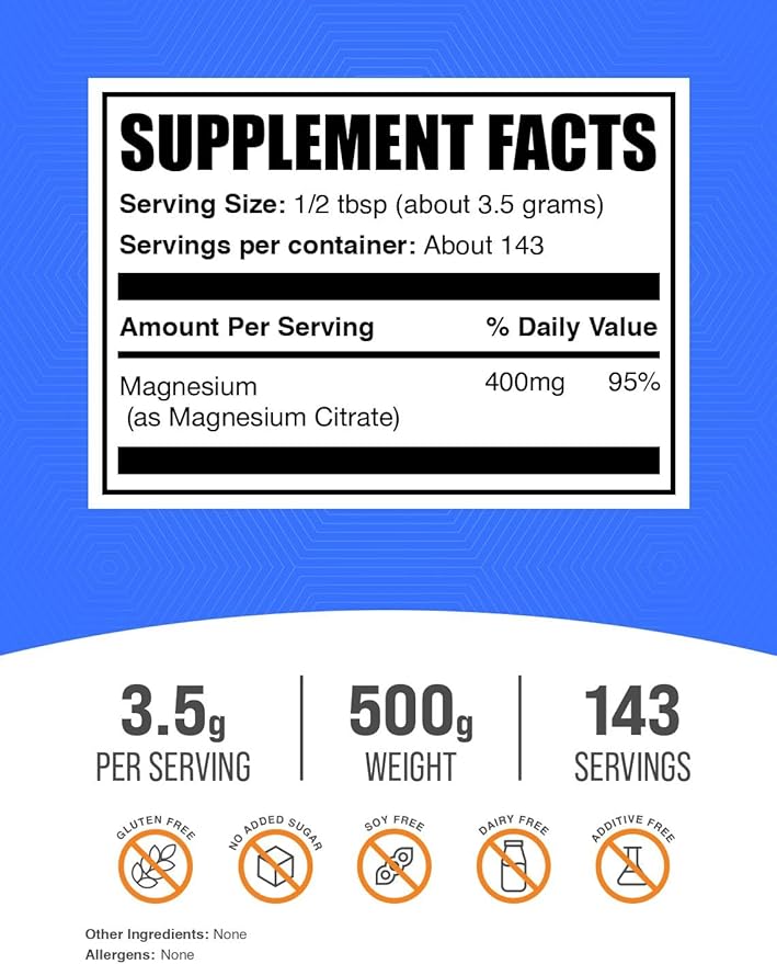 BulkSupplements.com Magnesium Citrate Powder - Magnesium 400mg Supplement, Easily Absorbable - Pure & Gluten Free, 3.5g per Serving, 500g (1.1 lbs) (Pack of 1)