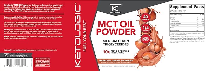 Ketologic MCT Oil Powder Hazelnut Cream (1 LB) – Keto Coffee Creamer & Energy Support – 41 Servings of Medium Chain Triglycerides for Focus & Fuel