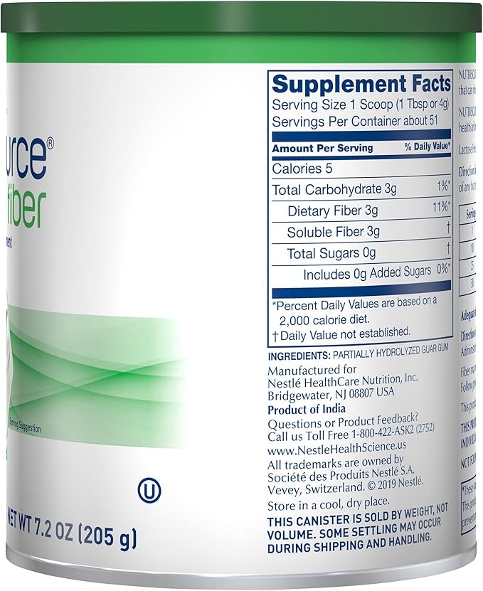 Nestle Nutrisource Fiber Fiber Supplement Unflavored 7.2 oz. Canister 4 Ct