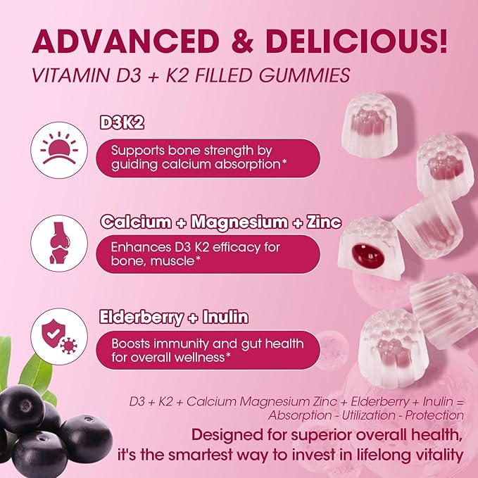 Vitamin D3 10000 IU + K2 (MK-7) 200mcg w/Calcium Magnesium Zinc Elderberry & Inulin-Highly Bioavailable-Enhanced Absorption for Immune & Bone Support- K2 D3 Vitamin Supplement-Vegan Gummies