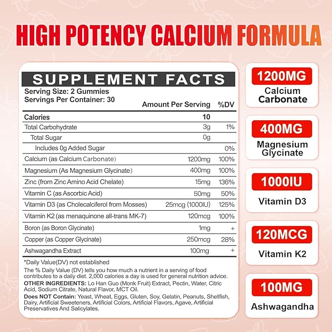 Calcium Magnesium Zinc Gummies with Vitamin D3 for Adults, Calcium Citrate 1200mg with K2, Boron, Copper and Ashwagandha, Absorption Calcium Supplement for Bone, Muscle, Immune for Men Women, 60 Count
