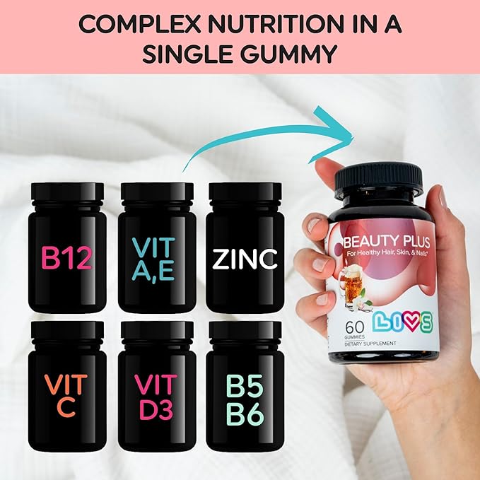 Beauty Plus Gummy Vitamins - Biotin Gummies for Hair, Skin and Nails | Natural, Gluten-Free, Non-GMO Beauty Supplement with Vitamins A, C, E, B12, D3, Zinc & More - Cream Soda Flavor - 60 Ct