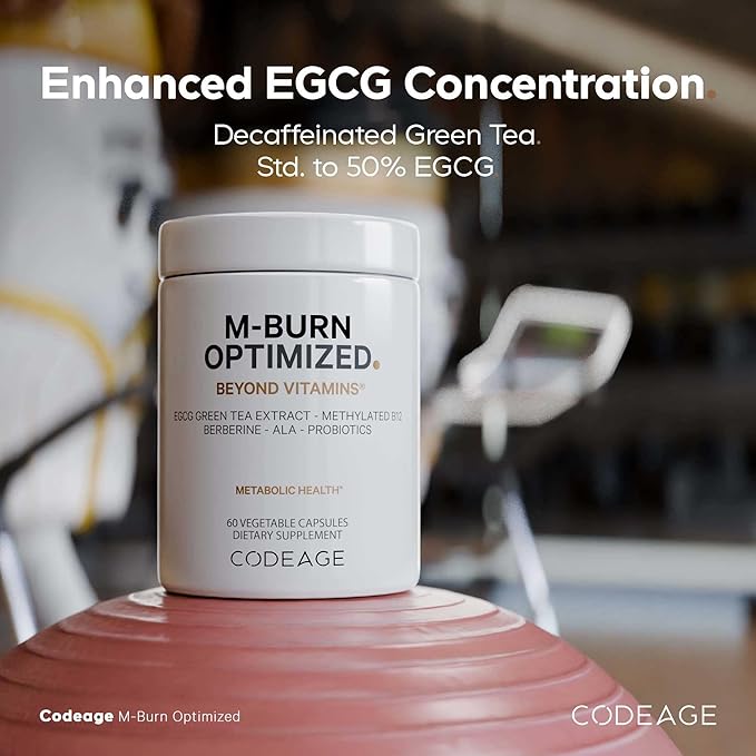 Codeage M-Burn Optimized Supplement - Decaffeinated Green Tea Std. to 50% EGCG, Berberine, Akkermansia, Vitamin B12 - Probiotics - Vitamins - 60 Capsules