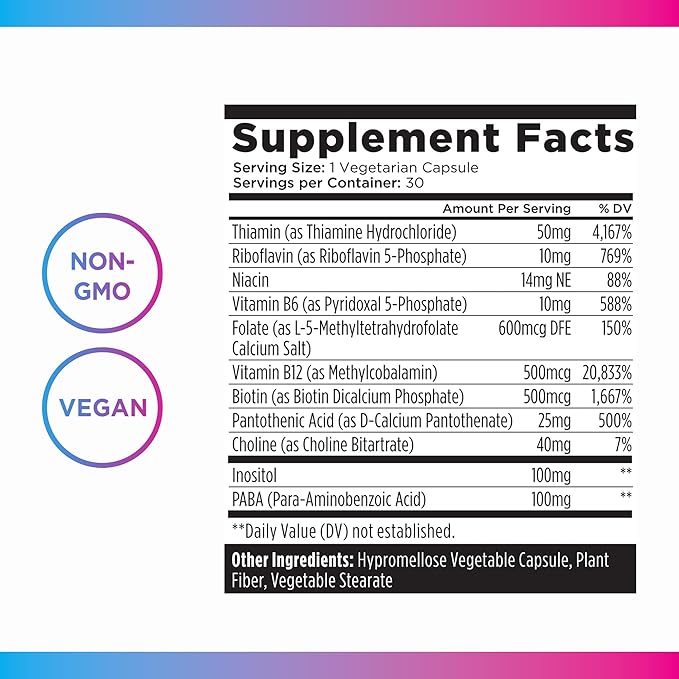Livingood Daily Vitamin B Complex Capsules for Men and Women, Methylated B12 & Folate, 11 Active Forms Including B1 B2 B3 B5 B6 & Biotin, Gluten Free, Vegan B Vitamins for Hair Skin Nails, 30 Capsules