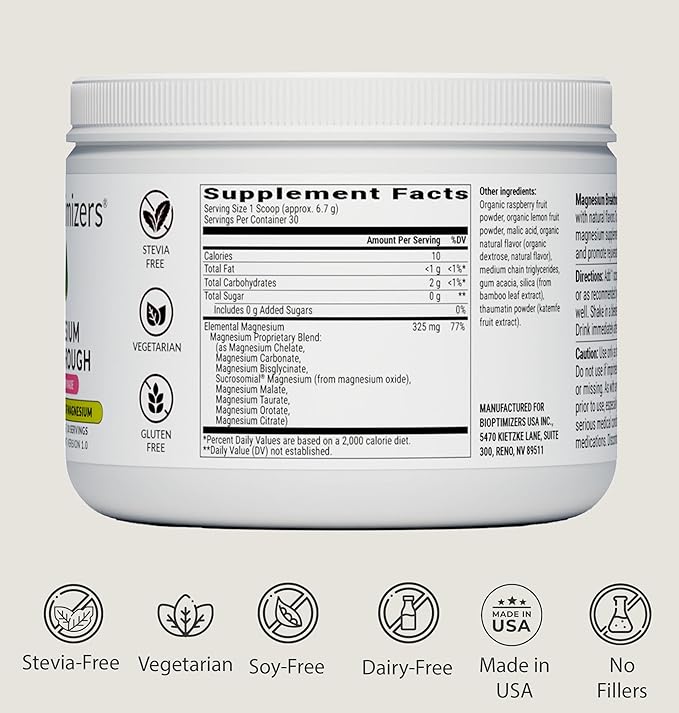 BIOptimizers Magnesium Breakthrough Drink - 8 Forms of Magnesium, Electrolytes, Sleep Health, Stress, Muscle Recovery, Heart Support | Glycinate, Citrate, Malate- Raspberry Lemon