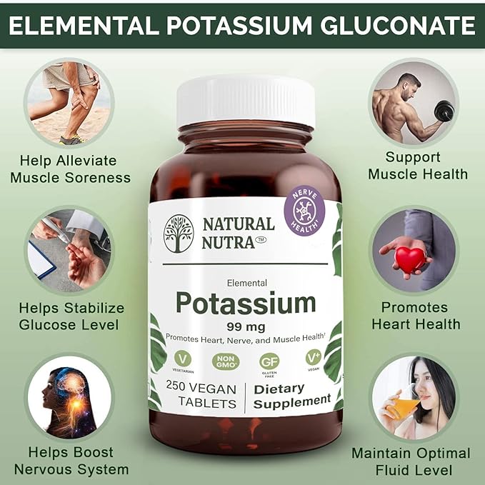 Natural Nutra Elemental Potassium Gluconate 99 mg Dietary Supplement – Promotes Energy, Helps Boost Nervous System, Promotes Heart Health, Mineral Regulation, Muscle Function - 250 Vegan Tablets