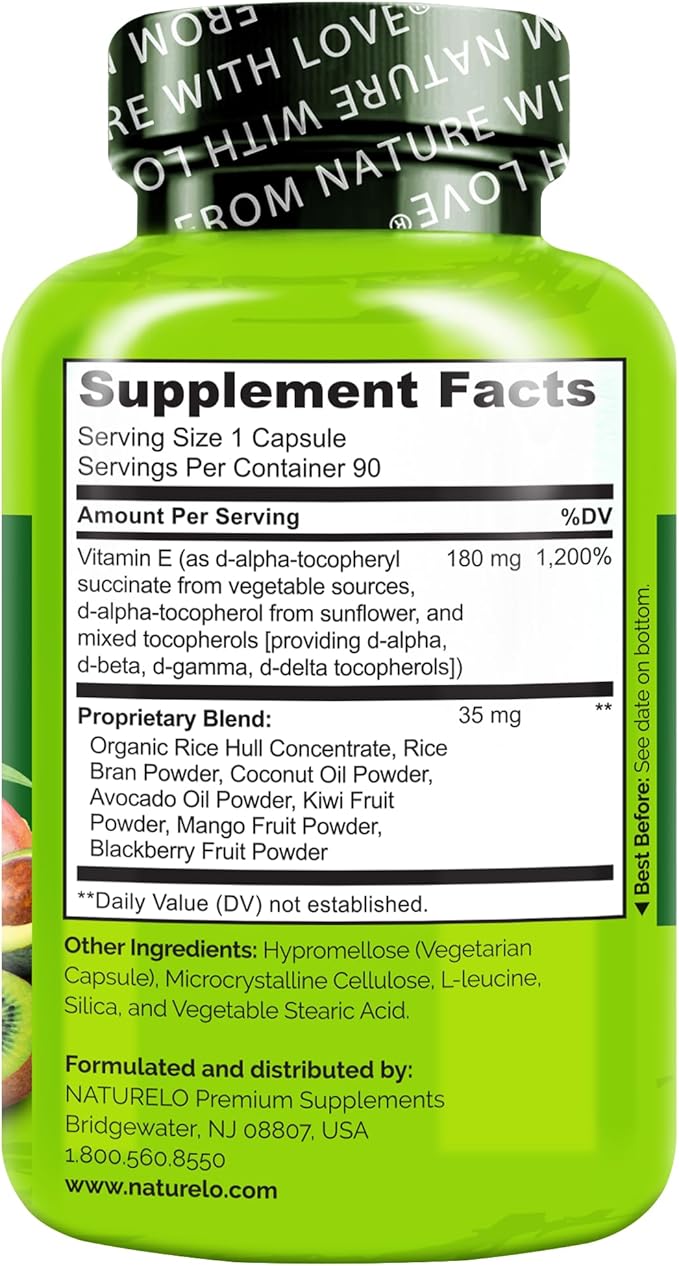 NATURELO Vitamin E - 180 mg (300 IU) of Natural Mixed Tocopherols from Organic Whole Foods - Supplement for Healthy Skin, Hair, Nails, Immune & Eye Health - Non-GMO, Soy Free - 90 Vegan Capsules