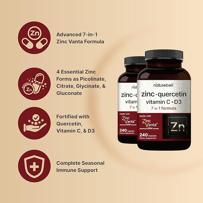 NatureBell Zinc Quercetin with Vitamin C & D3, 480 Capsules (2 Pack) | Quercetin 1,000mg + Zinc 50mg + Vitamin C 250mg + Vitamin D3 5,000 IU | 4-in-1 Advanced Immune & Lung Support | ZincVanta Formula