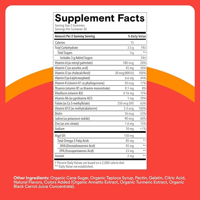 SmartyPants Kids Multivitamin Gummies - Improved Formula: Omega 3 (DHA/EPA), Vitamins D3, C, B12, B6, Vitamin A, K & Zinc, Gluten Free, Three Fruit Flavors, 60 Count (30 Day Supply)