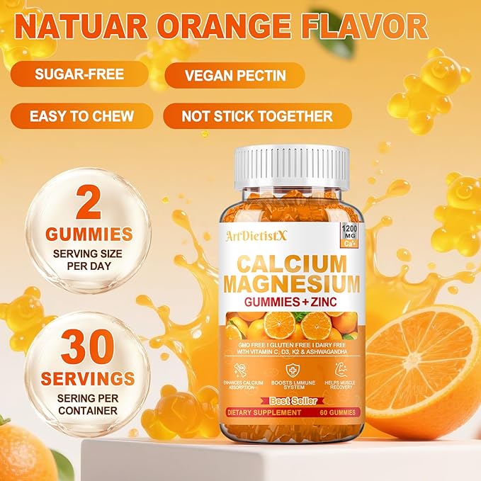 1200mg Calcium Gummies w/Vitamin D3 for Adults - High Absorption Calcium Supplement with Magnesium, K2, Copper, Boron, Zinc and Ashwagandha, Support Bone & Muscle, Sugar-Free for Women Men, 120 Count