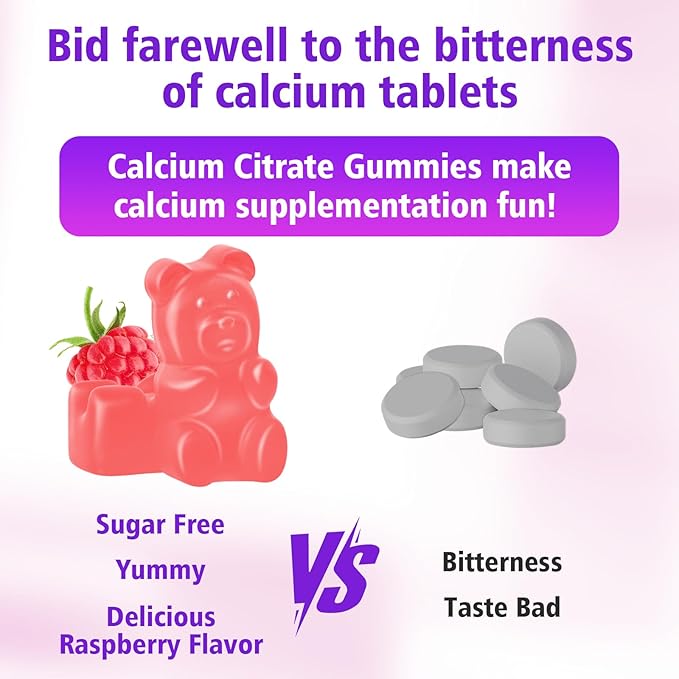 High Absorption Calcium Citrate Gummies 1200mg - Bone & Teeth Support for Adults & Kids, Vegan, Non-GMO, Sugar-Free Gummies, Raspberry Flavor, 60 Count